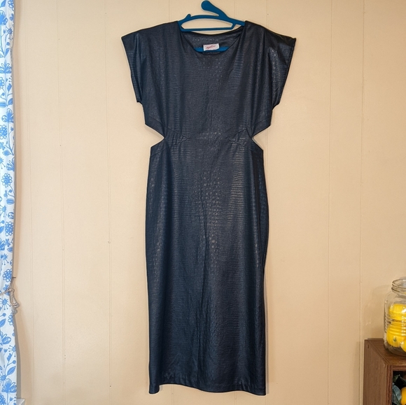 Vintage 80s Faux Leather Wiggle Dress with Side Cutouts, Small - Picture 2 of 8
